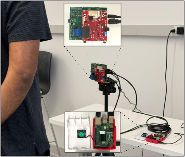 mmFHE demo with a tripod-mounted radar connected to a Raspberry Pi edge client